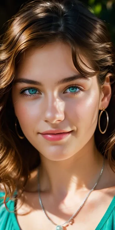 A hyper-realistic photograph of the face of a beautiful 18-year-old American girl, taken with a Canon EOS 5D Mark IV camera. She has long, wavy brown hair, green eyes, and. she is smiling and looking at the camera. She wears a pearl earring in her left ear...