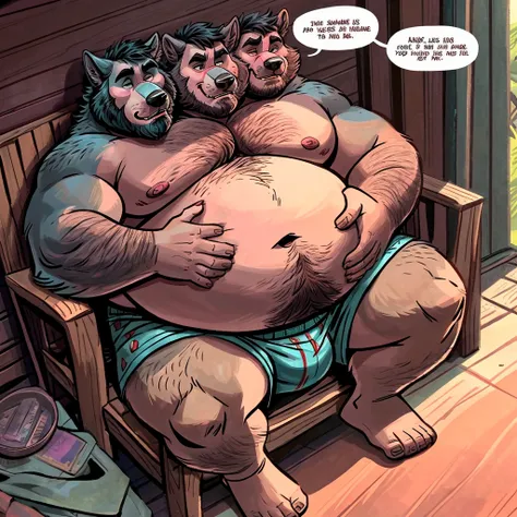 solo, ((three headed wolf)), masculine, beefy, hairy, older male, bored, by dramamine, by disney,  (identical:1.9), obese, porch background, sitting in chair, shirtless, boxers, holding belly:1.2, navel, beard, speech bubbles:1.5, correct hands, ultradetai...