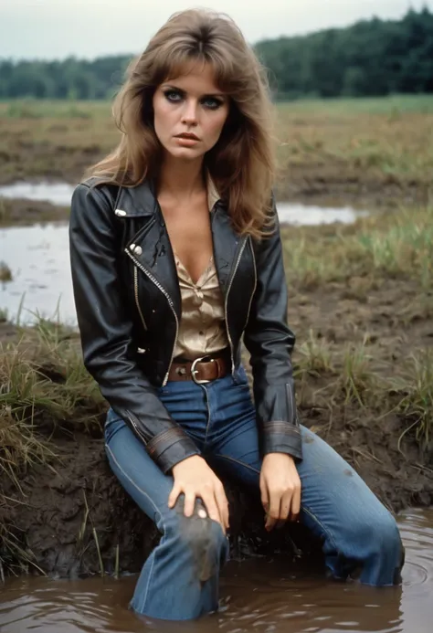 70s setting, film photo of vulnerable shy woman in muddy worn-out high waist flared jeans and leather jacket and satin blouse caught in her perverted shameful sexual fetish session while sinking in bog, 