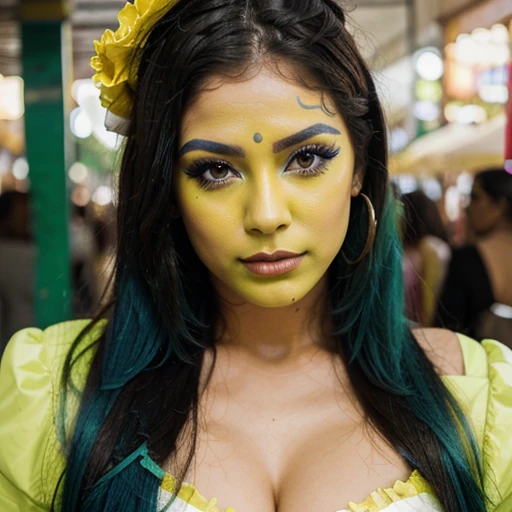 Sexy Latina wearing green, yellow,blue carnival makeup,face makeup