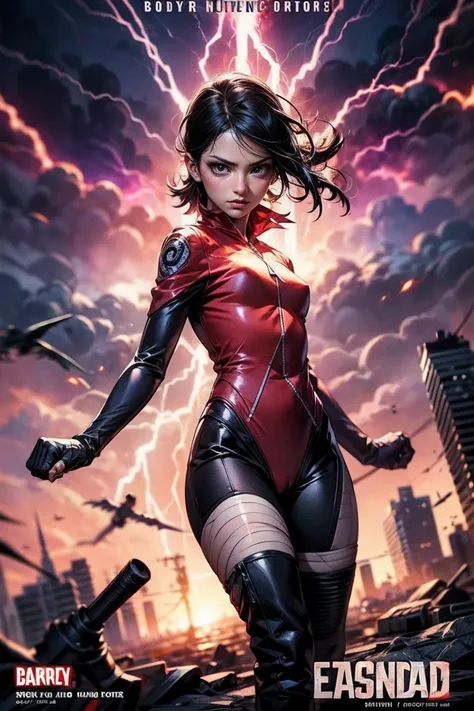 Sarada Uchiha,bodysuit, Estilo de capa de quadrinhos，Comic book cover title,super hero land,city, action,fight,black eyes,explosions,purple,lightning