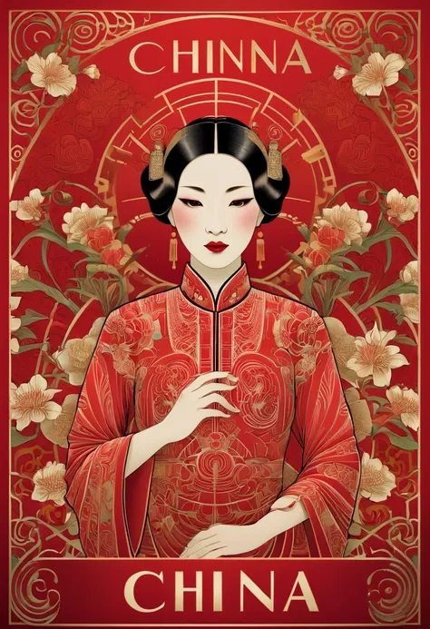 Txt that says, "China".Chinese art deco, year 2040, subtle zentangled art deco, cinematic, red.....by my self....lol....