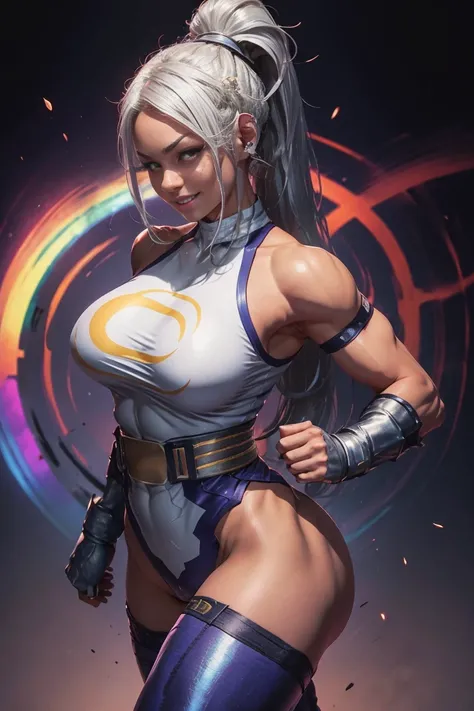 Arafe woman solo with ponytail hair、Fighting Game Fighter、Fitness Model、Big breasts about to burst、No exposed skin、Metallic Light Rainbow Combat Suit、thin and long legs,、Fitness Body Shape、half-pants、White belt、Pose ready to fight、Mischievous smile