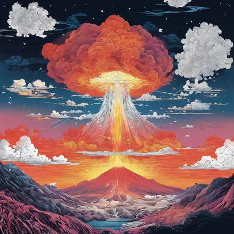 Volcan, Flammes, Dieu illumine le ciel, nostalgique, exposition d&#39;éclairage annuelle, cumulonimbus, éclairage volumétrique, grand ciel, population qui vole, lasers.