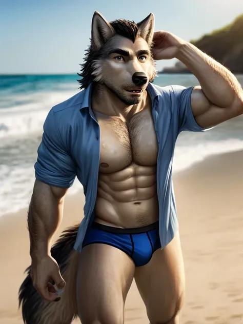 30 years old, wolf, male, white inch, stubble, abs, at the beach, wearing dark blue shirt, open shirt, swimming briefs, natural light, wheat-colored skin, wet, a wolf man