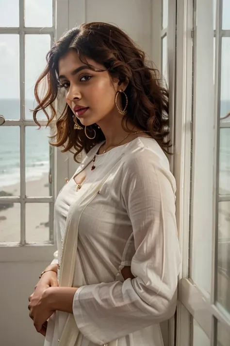 Realistic Indian Girl with White Salwar kameez, showing Cleavage, Red Lipstick, Curly hair, long Ear ring, standing White window frame with sea view, Front View, 