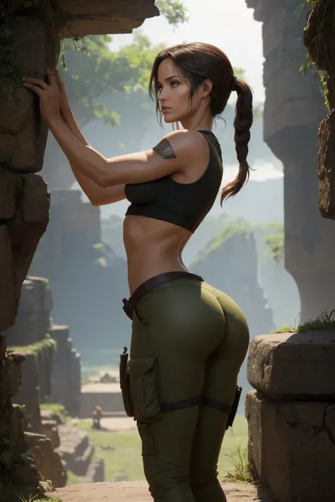 Profile View.  Lara Croft, large bosom G cup size. Nipples. Outrageously amazing protrusion from her symmetrical and obvious extendedly stuck out slim perfect butt. Creating the illusion of a mile deep butt crack. Wearing a crop-top. Skin Tight khaki cargo...