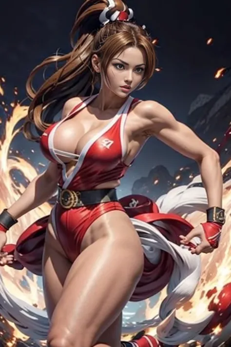 Arafe woman Mai Shiranui solo with ponytail hair、Fighting Game Fighter、Fitness Model、Big breasts about to burst、No exposed skin、thin and long legs,、Fitness Body Shape、Pose ready to fight、battle look