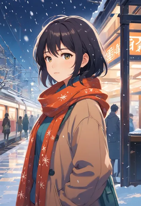 japanese girl, It&#39;s snowing, black hair, eyes reflecting the snow, warm wool scarf, warm earth colors, Standing in the city, Wind, The background is inside the station, masterpiece, highest quality,, official art, Professional, 8k wallpaper