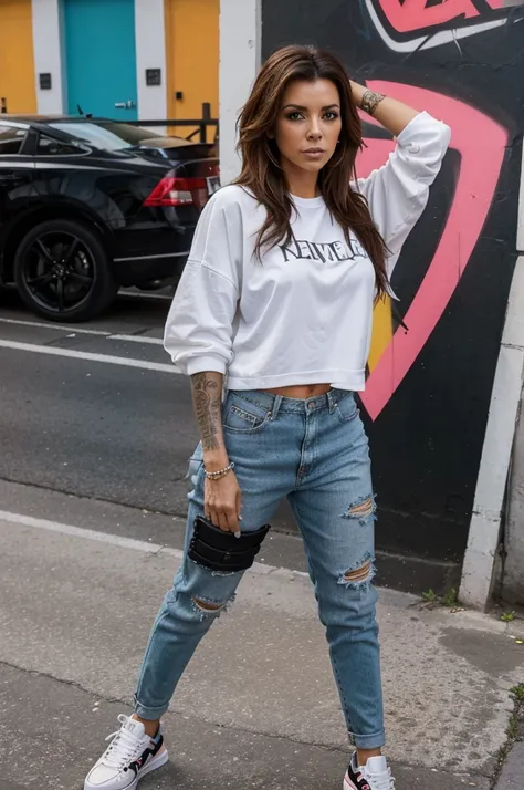 model like eva longoria Choose bold and edgy streetwear to complement the vibrant street art. Statement pieces and trendy sneakers can add a fashionable touch. ook for areas with vibrant street art or murals. These can provide a colorful and dynamic backgr...