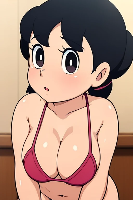 1girl, solo, cute, slim, bent over, seiza, black hair, twintails, large breasts, short twintails, cleavage, red micro bikini, hands on bathtub, (perfect detailed anatomy, beautiful face&eyes, perfect body)