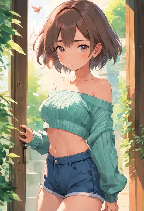 (), big ,(masterpiece), best quality, extremely detailed, (watercolor), bloom, delicate and beautiful, illustration, (from below),(1girl:1.4), (solo:1.2), large breasts, (ribbed sweater:1.3), off-shoulder sweater, (short shorts:1.2), bare shoulders, (under...