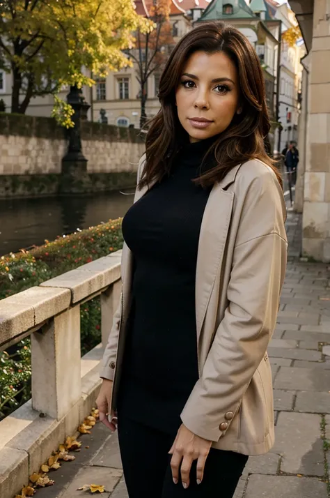 model like eva longoria in autumn in Prague