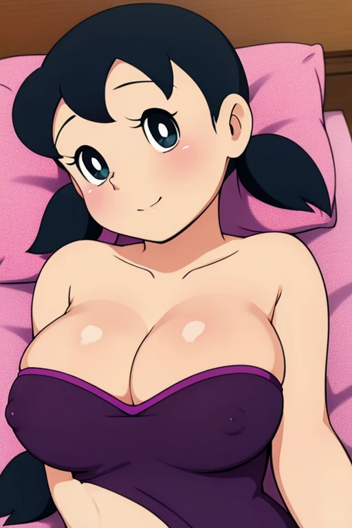 1girl, solo, cute, blush, smile, slim, black hair, twintails, short twintails, on back, sleepy, upper body, large breasts, cleavage, nude, nipples, on bed, (perfect detailed anatomy, beautiful face&eyes, perfect body)