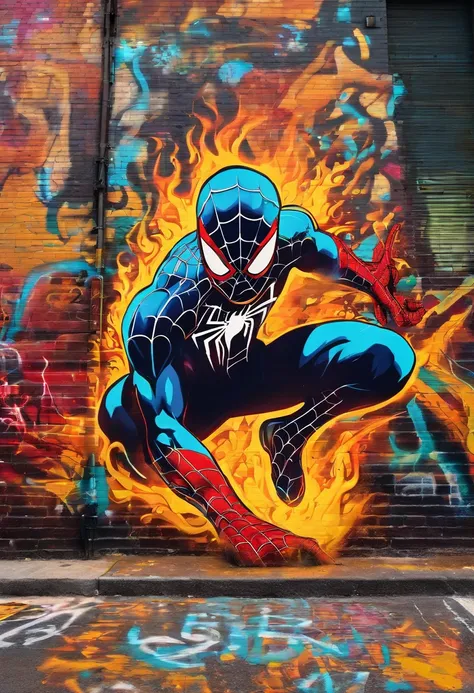 Flammes, Feu, Spiderman en action, ambiance ensoleillée mais urbaine, New york, lumineux, image complète, Contraste élevé haute résolution. 8k. 