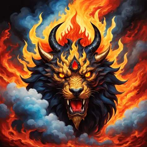 A behemoth wreathed in yellow gold and red flames with solid white eyes surrounded by ebony black and a blue flame gem on head and covered in flame clouds, background inferno, in faux painting art style