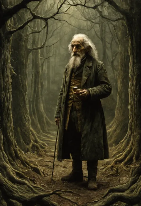 elderly voltaire in the style of ralph blakelock, ed emshwiller, marianne wroten, arthur rackham + concept art. very beautiful, ...