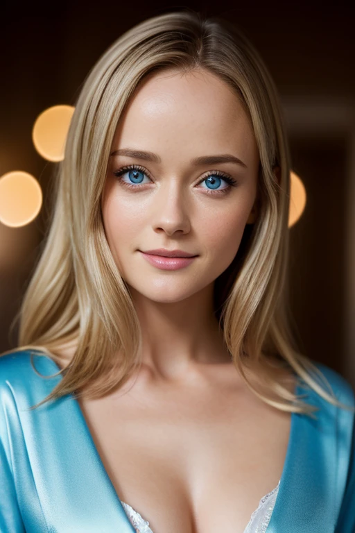 (body postrait:1.4), UHD, Masterpiece, textured skin, super detailed, high quality, award wining, best quality cinematic lighting, Alexis bledel, actress, sexy girl, open bathrobe, blonde hair, (blue-eyed girl), highly detailed glossy eyes, light smile, po...