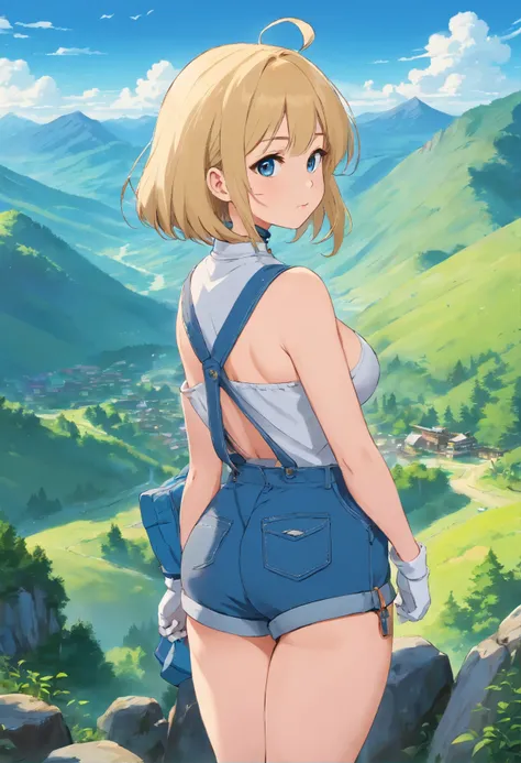 8k resolution, best quality, extremely HDR, masterpiece, perfect anatomy, intricate details, 1girl, , anime girl 18 years old, (((triple D cup breasts)))honeyed honeyed skin, round head, blonde hair, short hair, bright blue eyes, thick eyebrows, full gloss...