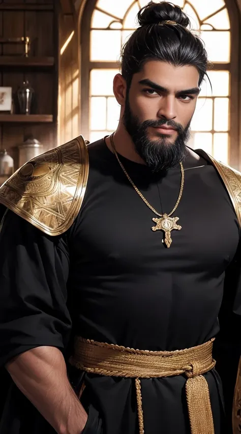 A black man of 50 years old, strong and happy expression, strong eyebrows, yellow eyes like gold, long shoulder-length black hair with a high bun, well groomed beard. He use medieval clothes 16k, best quality of image