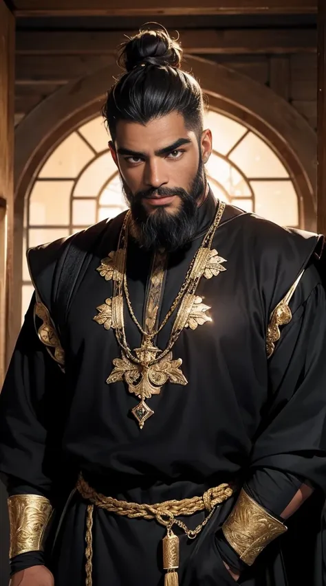 A black man of 50 years old, strong and happy expression, strong eyebrows, yellow eyes like gold, long shoulder-length black hair with a high bun, well groomed beard. He use medieval clothes 16k, best quality of image