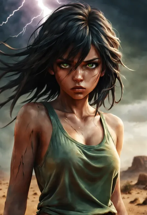 full length view, survival girl, desert, lightning, tanned skin, tank top, manga style, mysterious, torn clothes, green eyes, pe...