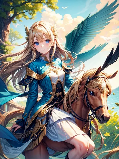 riding a bird、golden long hair、blue eyes、Absolutely beautiful