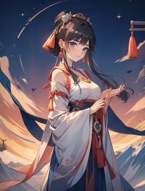 A beautiful 20 year old girl，hanfu,她站在Towering peaks上，Forming seals with both hands to perform formation techniques，There are runes and lights floating around，Surrounded by golden aura。Towering peaks，Full of aura and runes