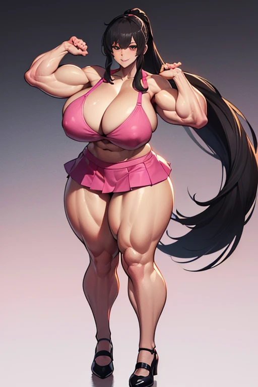 (Best quality,8K,ultra high res:1.5),(Pretty very long tied ponytail hair anime girl),(Huge breasts:1.20),(very voluptuous body),(very voluptuous thigh),(body builder girl:1.5),(wide muscle:1.4),(light smile),(eyes to camera),(light black hair),(pink bra),...