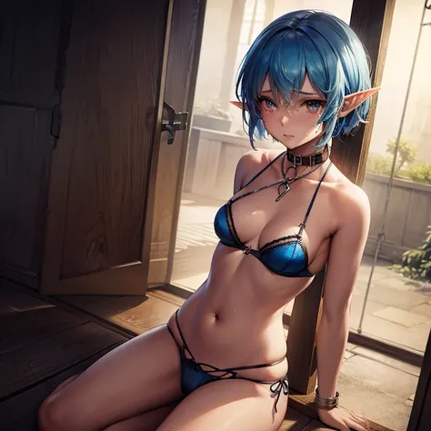 Short Blue hair, elf slave girl, skimpy lingerie, crying, distressed, sad, tortured, collar and leash