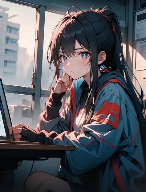 Screen description：A beautiful 20-year-old girl with long black hair，head down，Finger sliding on computer， wear：Future clothing，脚上wear破烂的鞋子 位置：Sitting by the window of the refugee shelter， expression：The eyes were blank，The corners of the mouth droop sligh...