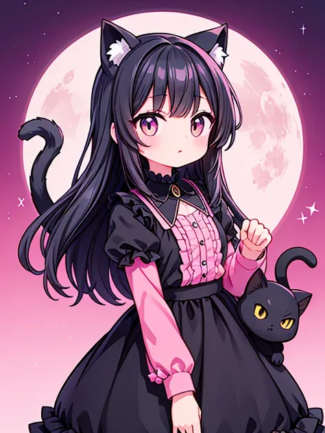 Illustration of a black cat with a pink background and the moon shining behind the cat, en 3d, que tenga un estilocute,  kawwai y adorable