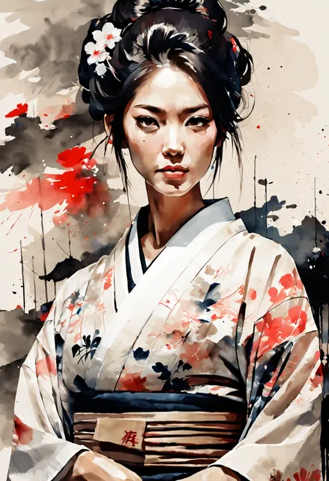 Masterpiece, best quality, beautiful woman wearing yukata, ink painting in the style of artists like Russ Mills, Sakimichan, Wlop, Loish, Artgerm, Darek Zabrocki, and Jean-Baptiste Monge