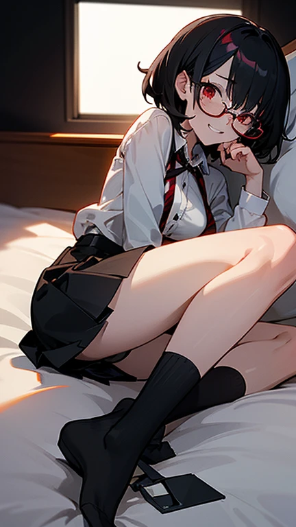 black short hair, red eyes,with eye glasses,horny look,bit her lip, big eyes, beautiful anime girl, sly grin, black background ribbon buckle with red spots in her hair, wearing a shirt, shirt buttons completely undone, firm and medium breasts, wet breasts,...