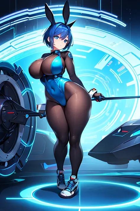 1girl, wide hips, large breasts, wide hips, blue hair, short hair, very short hair, blue eyes, bodysuit, black bodysuit, futuristic, machinery, science-fiction, tech, shoes, sneakers, neon trim, blue neon trim, full body, bunny ears, rabbit ears