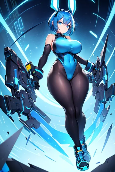 1girl, wide hips, large breasts, wide hips, blue hair, short hair, very short hair, blue eyes, bodysuit, black bodysuit, futuristic, machinery, science-fiction, tech, shoes, sneakers, neon trim, blue neon trim, full body, bunny ears, rabbit ears