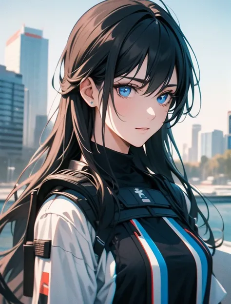 (best picture quality，4k,8k，high-definition，masterpiece:1.2)，Ultra-detailed，lifelike:1.37，beautiful 20 years old girl，long black hair，blue eyes，wear:Futuristic gray clothes，Take the sedative，Needle，