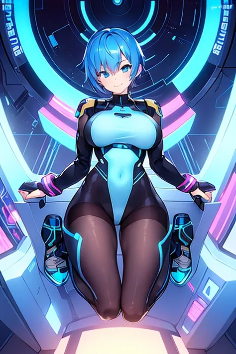 1girl, breasts, large breasts, blue hair, very short hair, pixie cut, bodysuit, black bodysuit, blue trim, science-fiction, futuristic, tech, neon trim, neon, smile, full body, sneakers, shoes, ((full body)), pantyhose