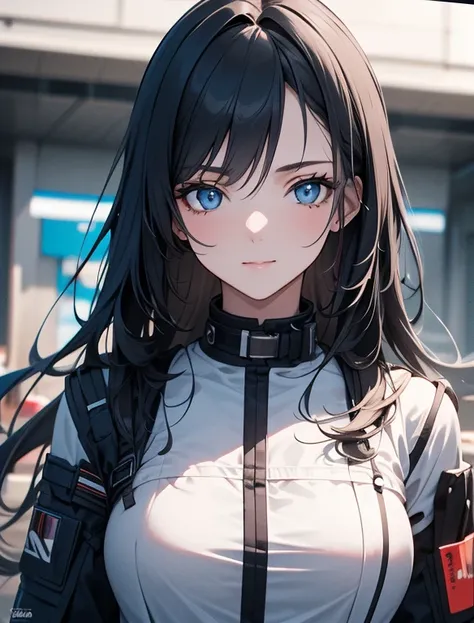 (best picture quality，4k,8k，high-definition，masterpiece:1.2)，Ultra-detailed，lifelike:1.37，beautiful 20 years old girl，long black hair，blue eyes，wear:Futuristic gray clothes，Take the sedative，Needle，