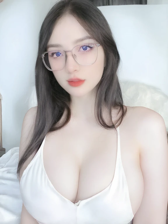 (realistic、masterpiece、Best Quality、8K、highres、high resolution:1.3)、1 girl、glasses、Long、Big breasts、white bikini、looking at viewers、super fine face and eyes、long hair、 in bedroom、sit on the bed、exposed cleavage、upper body、