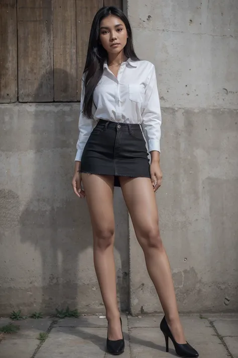 1girl,  25 Years old Indonesian woman, beautiful skin, long dark hair, approachable face,  stylish shirt, a denim skirt,  black pantyhose, black shoes, slim body, whole body, Indonesia photography, mature woman, RAW Photography, 8k, , Masterpiece, Full Bod...