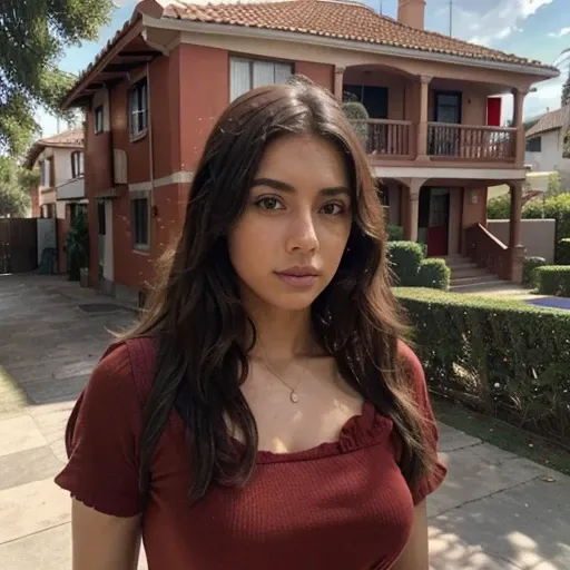 Modelo latina de Instagram, between 25 to 30 years, buen cuerpo, con un overol rojo tipo la serie la casa de papel, foto realista tomada con un iphone