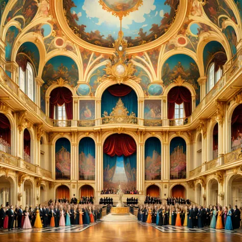 (Art Deco:1.4), decorative art, by Ivan Bilibin, opera house, choir, philharmonic orchestra, imperial family guests, luxury clothes, grandeur, Palace of Versailles, panoramic, Ultra high saturation, bright and vivid colors, (best quality, masterpiece, Repr...