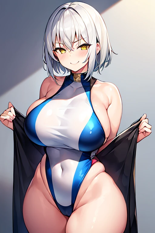 1girl, large breasts, breasts, wide hips, thick thighs, white hair, silver hair, tomboy very short hair, yellow eyes, one-piece swimsuit, black one-piece swimsuit, competition swimsuit, smug, smirk, smile