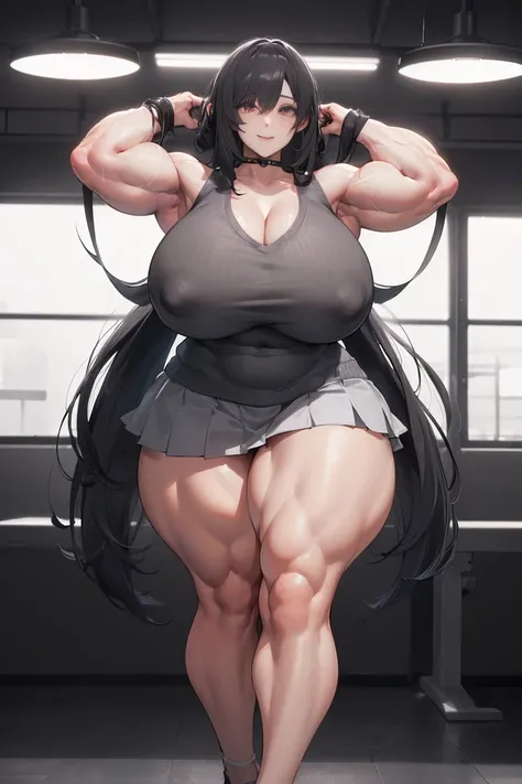 (Best quality,8K,ultra high res:1.5),(Pretty long tied pigtail hair anime girl),(Huge breasts:1.20),(very voluptuous body),(very voluptuous thigh),(body builder girl:1.5),(wide muscle:1.8),(light smile),(eyes to camera),(light black hair),(grey v-neck slee...