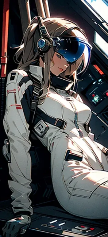 Adult female space fighter pilot in cockpit of ship in mega detail suit, Sit with a stick、Recombined with detailed hyper control panel with dial, Buttons and levers, Cyberpunk visor, High-tech graphics throughout the costume, better quality, masterpiece, s...