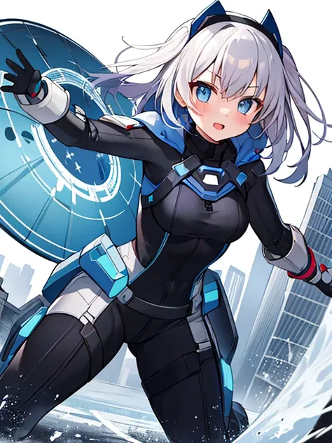 extreme detail,masterpiece,future city,with a girl (energy shield):1.3,tight fit bodysuit,protect yourself from danger,use a shi...