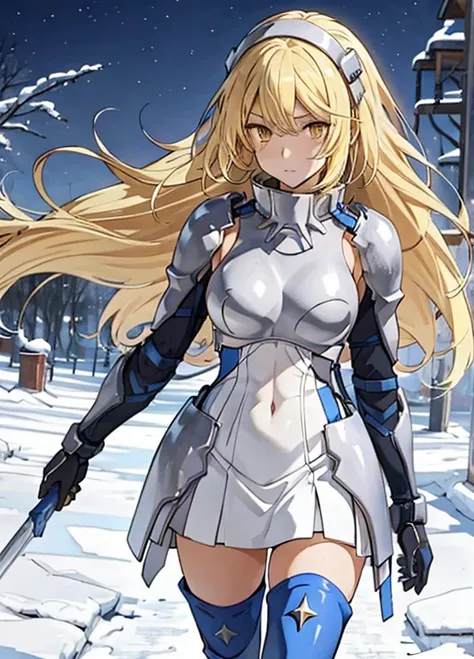 ice, 1 girl, alone, blonde hair, armor, long hair, straight hair, Thighhighs, boots, dress, yellow eyes, thigh boots, blue long boots, blue footwear, covered navel, breastplate, shoulder armor, gloves, white dress outdoor, Sunny, Are standing