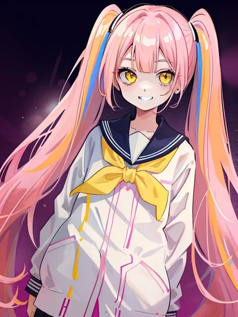 1 girl, twin tails long pink hair, yellow eyes, Because I&#39;m slender,  low length,  size, Wearing a kindergarten uniform, grinning expression, closed mouth, disorganized, High resolution, super sharp, 8K, masterpiece, looking at the viewer