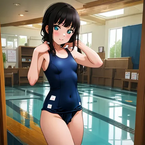 masterpiece,best quality,ultra detailed, best illustration, nsfw, 1girl, black_hair, KK-70, blue one-piece swimsuit